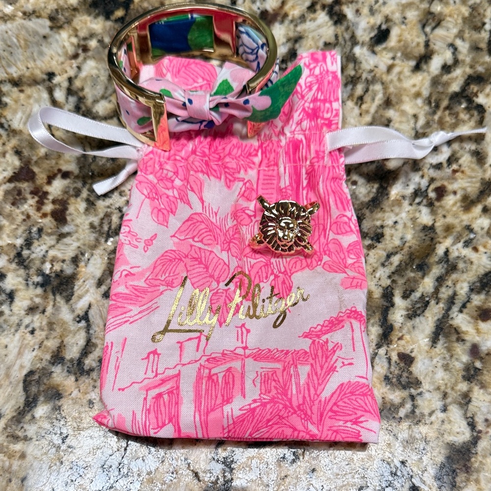 Lilly Pulitzer Gold-Tone Cuff with Pink Floral Fabric Inlay